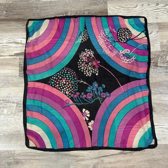 Vintage Milanowek Silk Scarf Black Mod Floral Rainbow Print 70s Square 24x25 - Picture 2 of 9